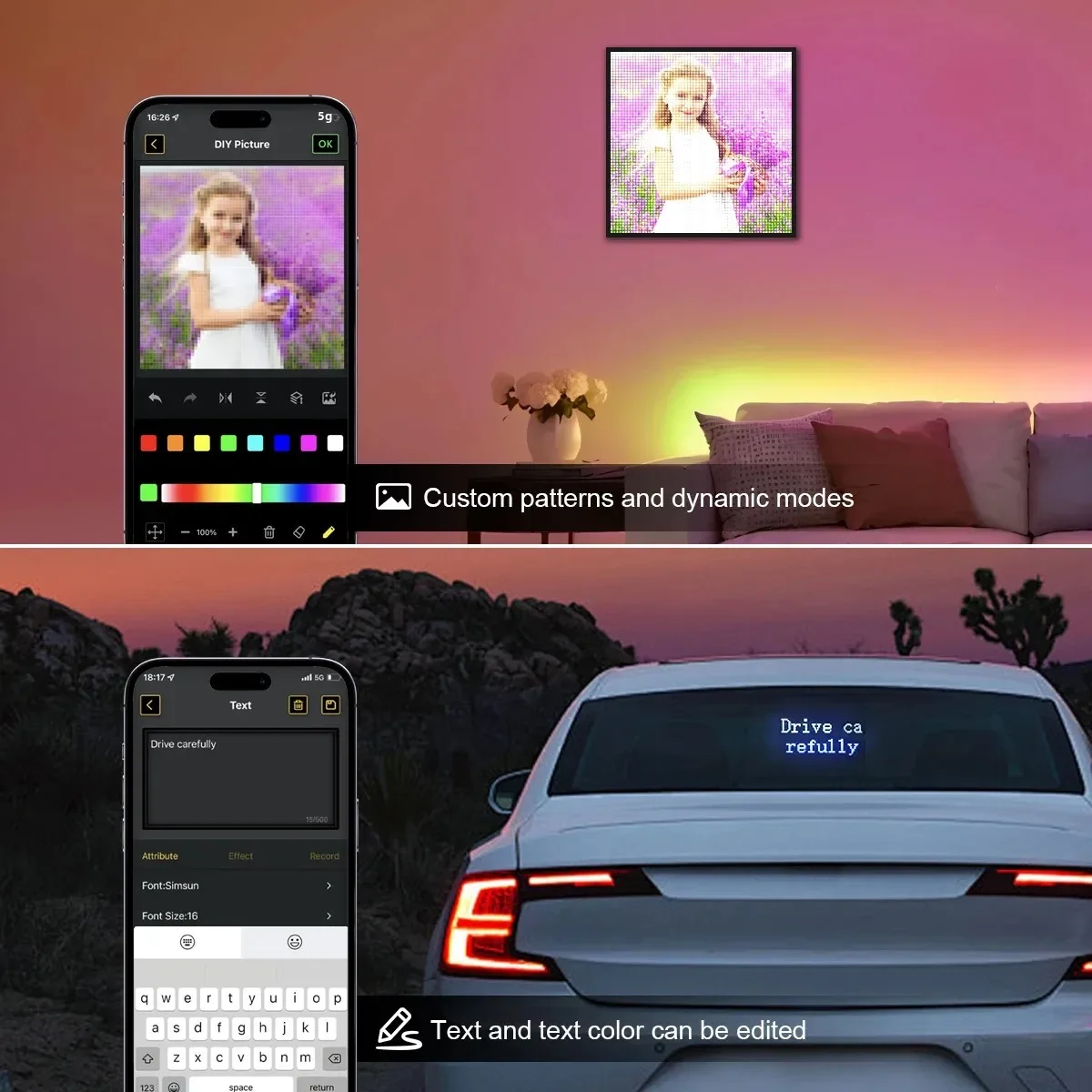 Smart Car Advertising RGB LED Pixel Panel With Sucker USB 5V Bluetooth APP Control DIY Image Pattern Scrolling Animation Funny