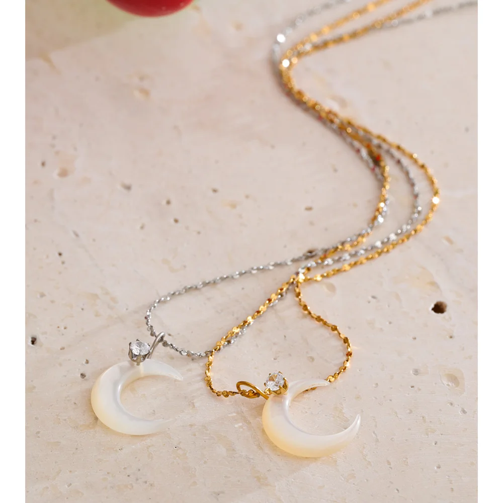 Yhpup Waterproof Shell Zircon Moon Necklace