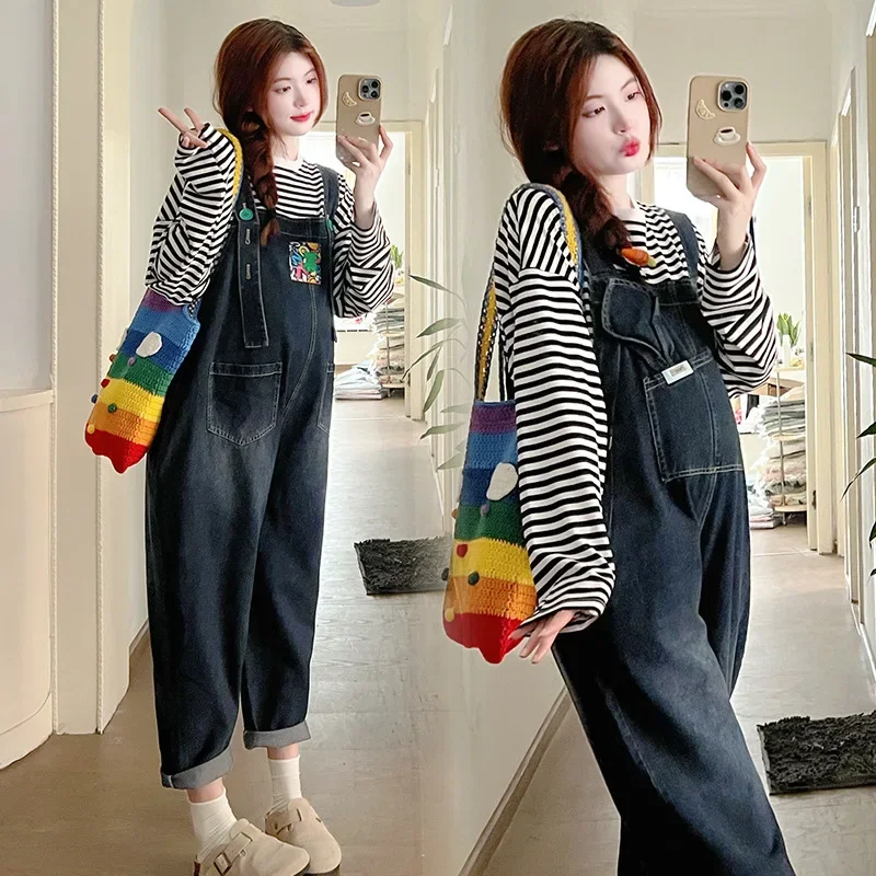데님 비브 임산부 루즈핏 점프수트, 하렘 바지, 긴팔 티셔츠, 상의 세트, 가을 신상