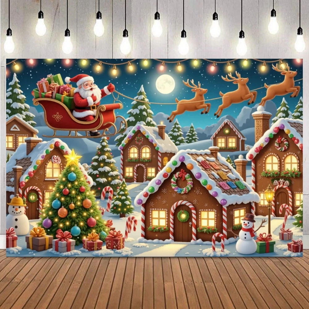 Fondo de fotografía de Navidad divertido, casa de pan de jengibre, copo ...