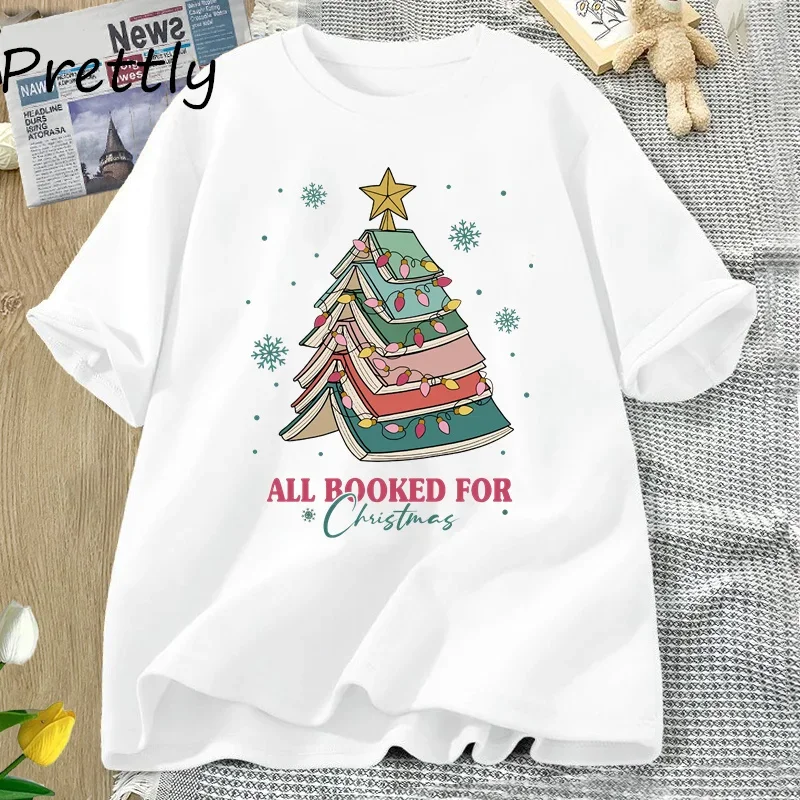 Book Tree Christmas T Shirt All Booked for Christmas T-shirt for Book Lover Librarian Teachers Tees Bookish Cotton Tshirt 3