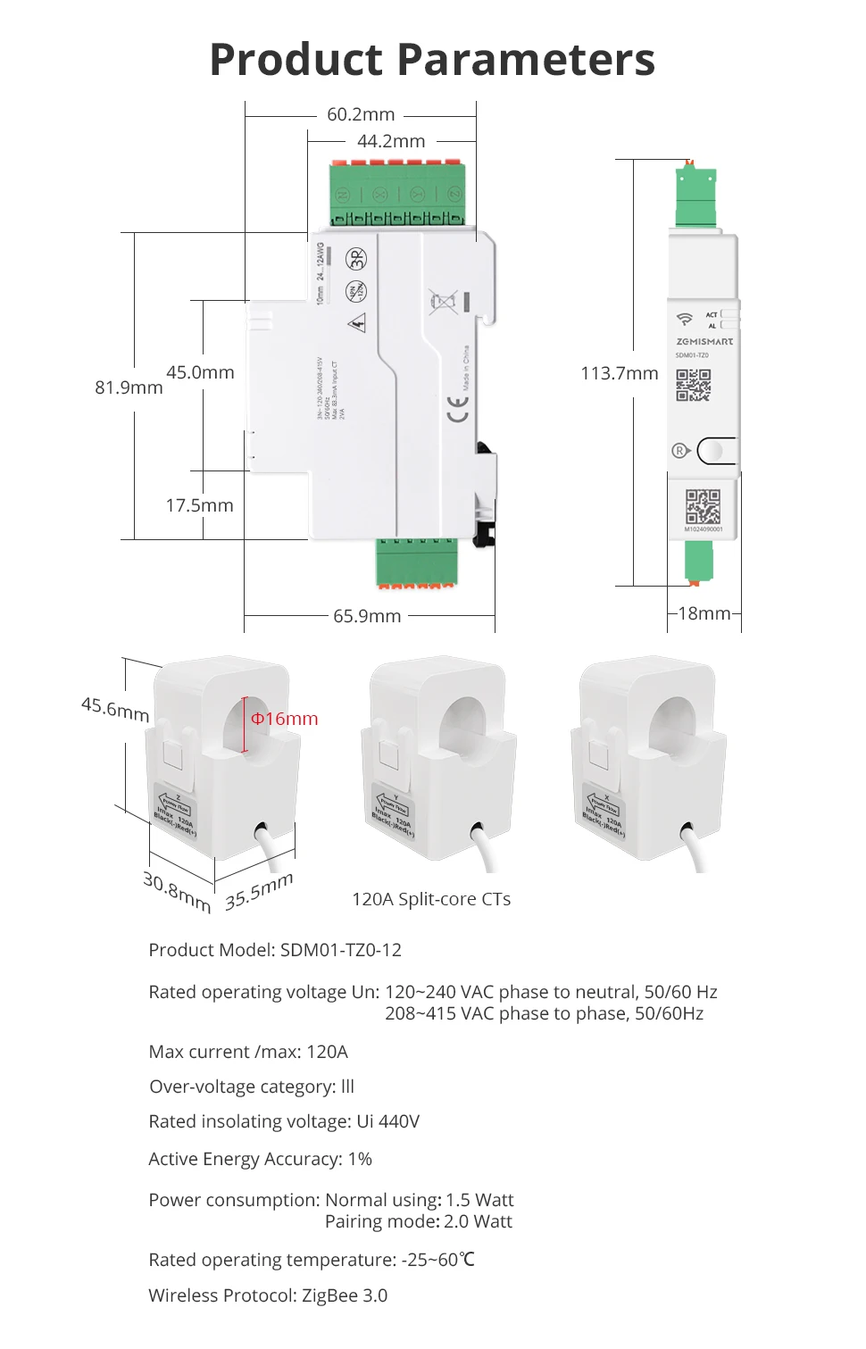 120A Zigbee Din-rail Energy Meter Bidirectional Monitoring Solar PV System 3 Pha