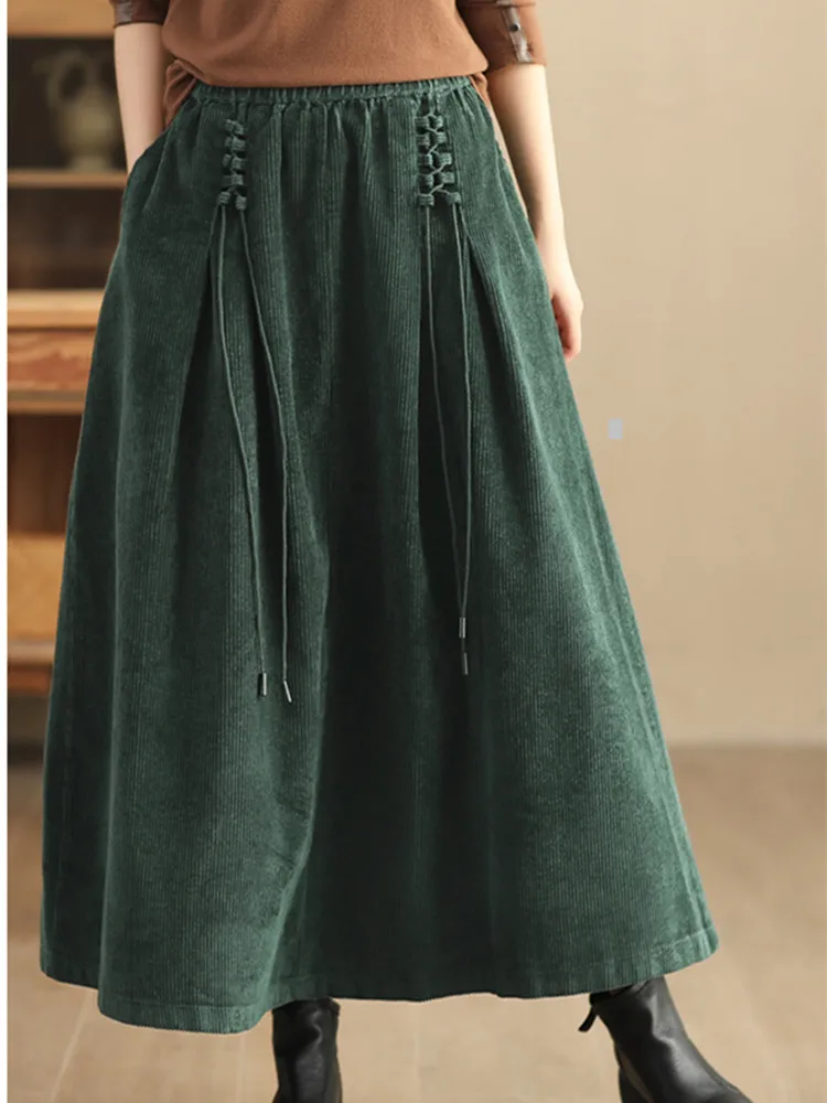 YZJNH 2024 Autumn New Half length Skirt Women's Loose Corduroy Half length Skirt Women's Elastic Waist Big Hem Velvet Long Skirt 5