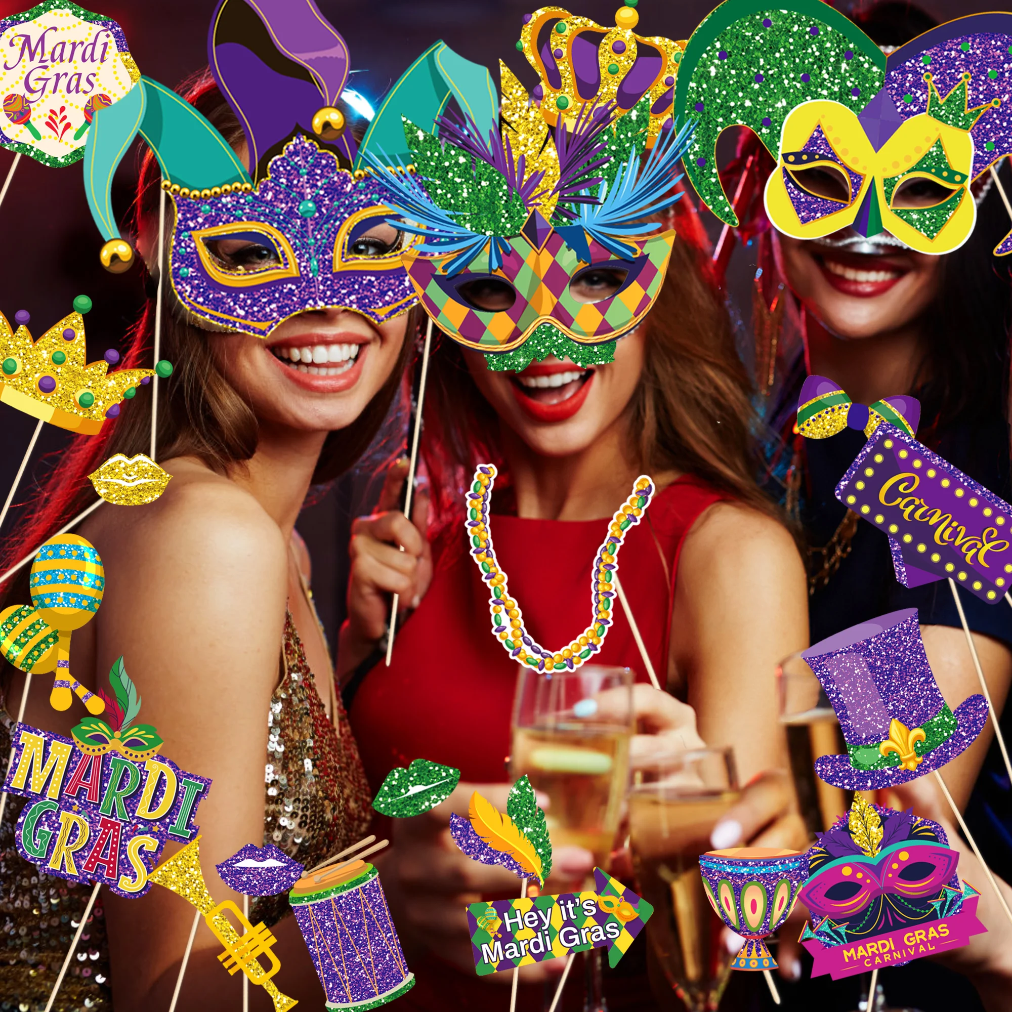 Mardi Gras Party Photo Booth Props Mask Crown Hat Drum Handheld Photo Props Carnival Photobooth DIY 25pcs