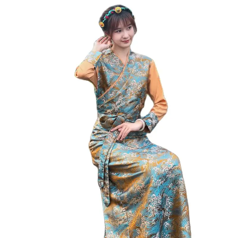 

Summer Elegant Asian costume Tibetan Dress For Women Long Sleeve Traditional Ethnic clothing Oriental Ladies gown