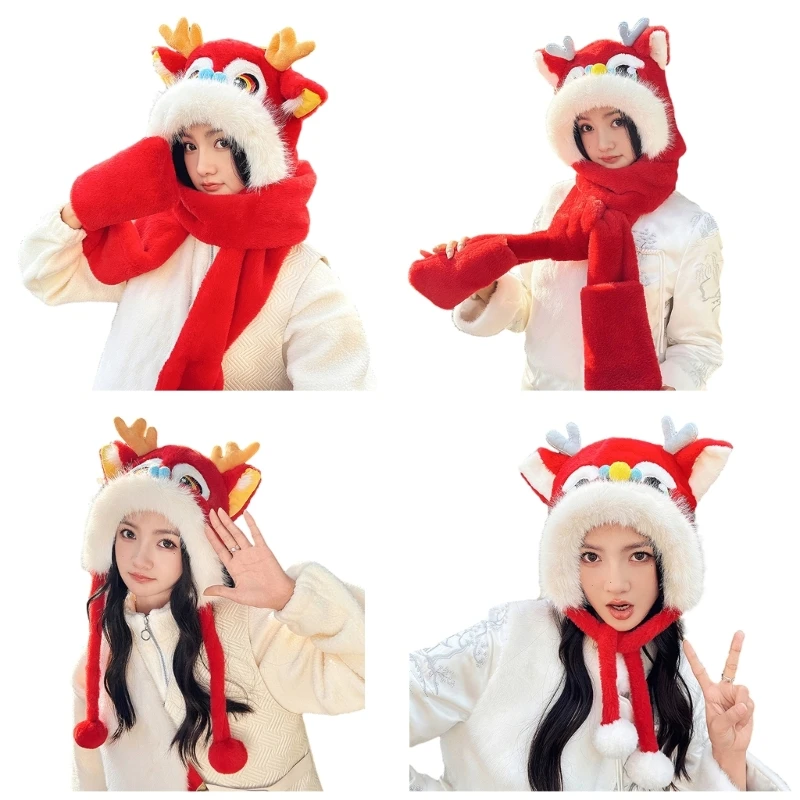 

3in1 New Year Dragon Head Hat Gloves Scarf Set Adult Plush Earflap Hat for Teens