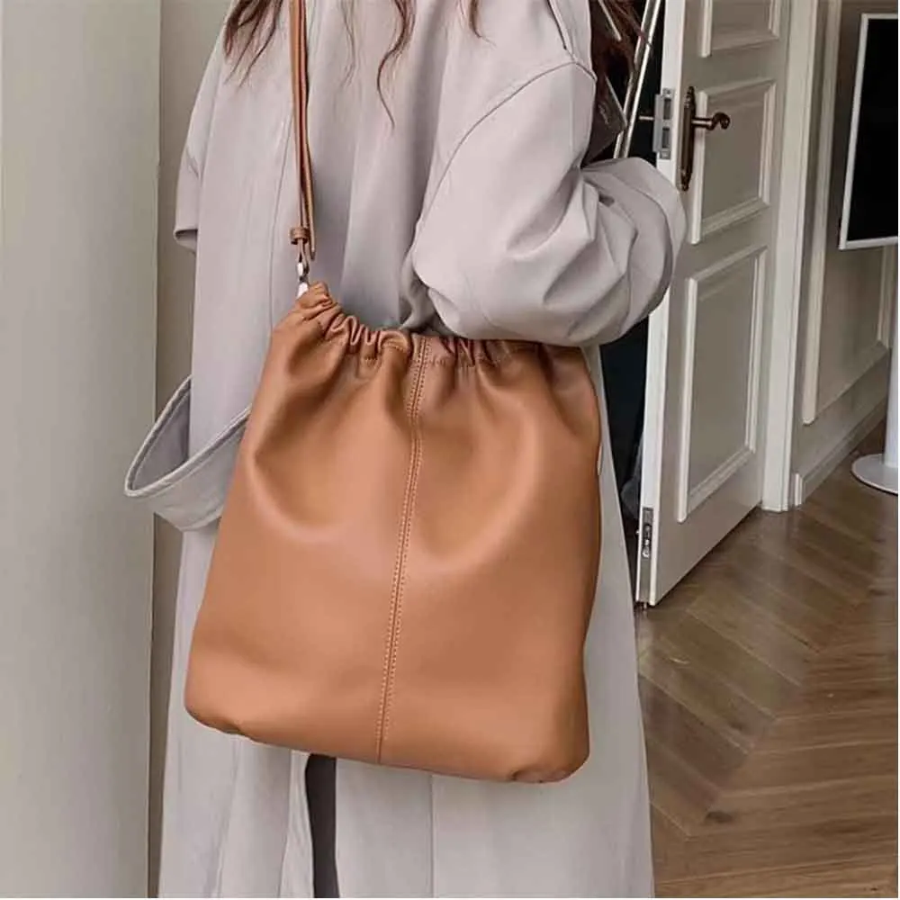 

MS Soft Cowhide Leather Handbags for Women Minimalism Style Daily Bags Crossbody Lady Drawstring Bucket Bag Large Tote 2023 New