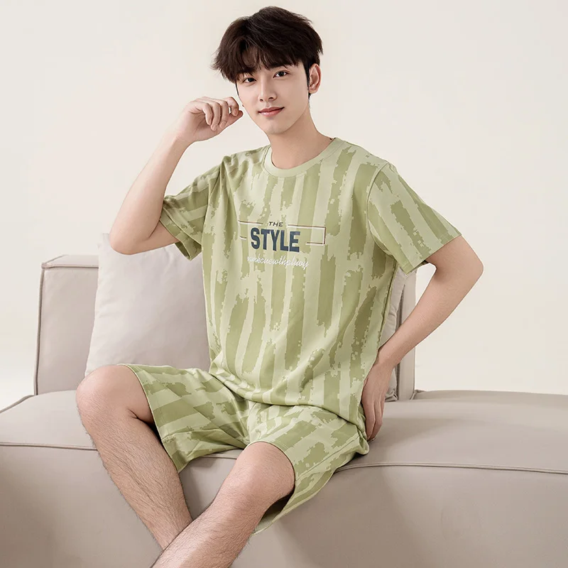 5XL Big Size Cotton Sleepwear for Men Short Sleeves Shorts 2Pcs