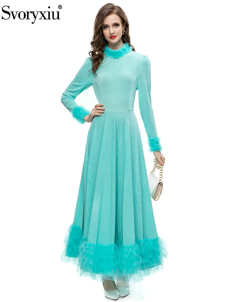 

Svoryxiu New Spring Runway Designer Vintage Sky Blue Color Ankle-Length Dress Women's Long Sleeve Ruffles High Waist Dress
