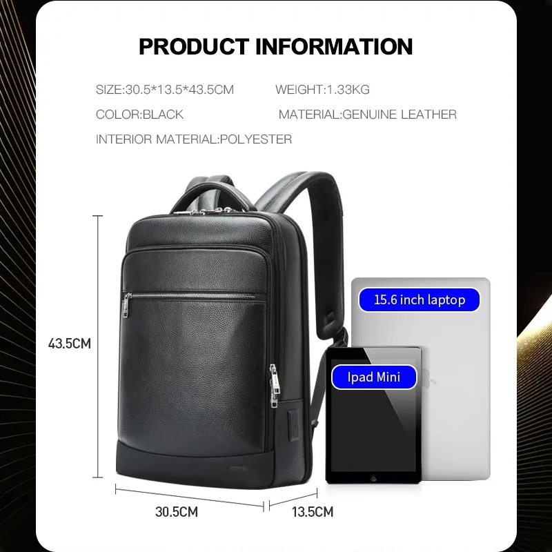 BOPAI 2023 Natural Cowskin 100% Genuine Leather Men's Backpack Fashion Tourist Large Capacity School Bag Leather Laptop Backpack 6