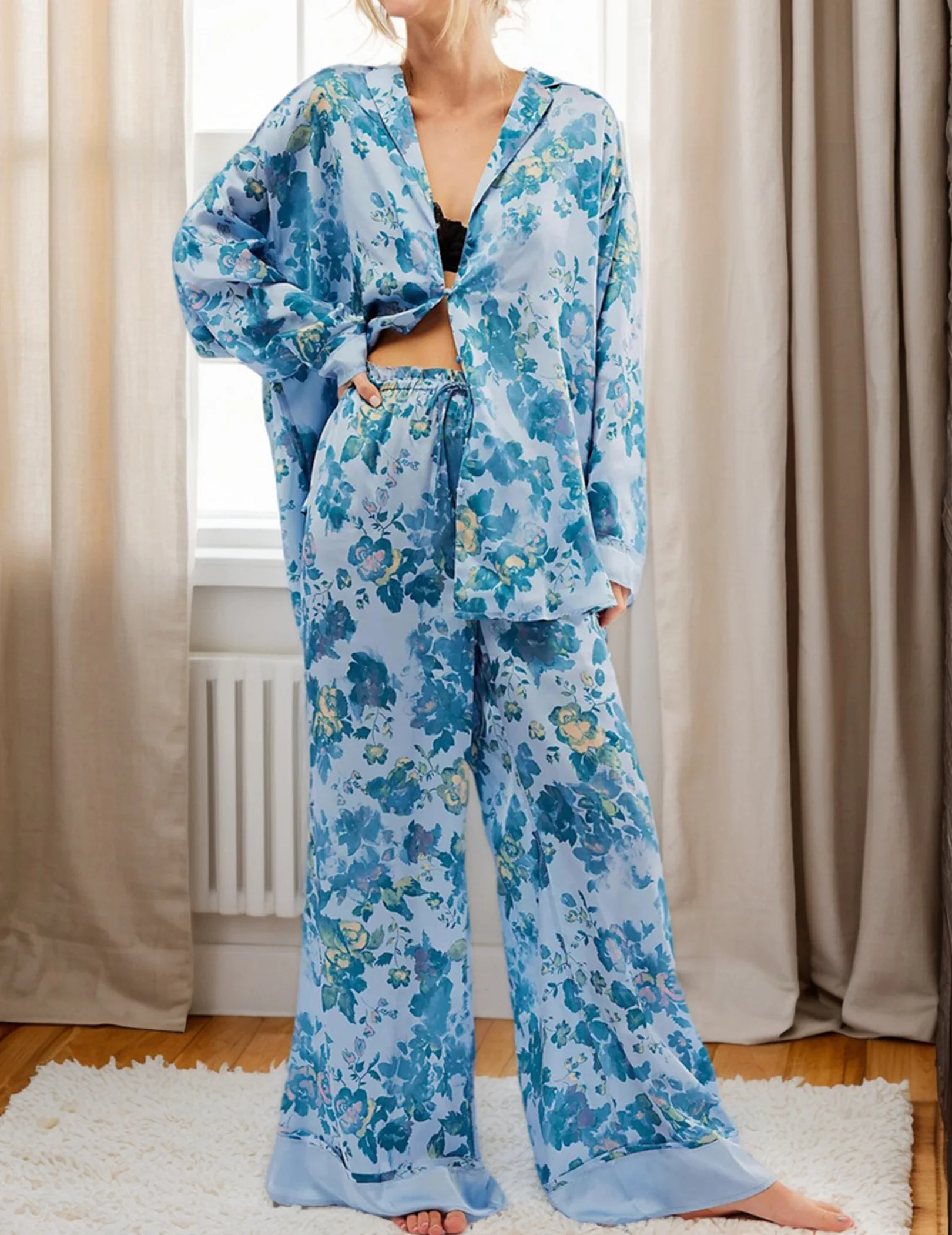 Women Satin Pajama Set Floral Silk Lounge Sleepwear