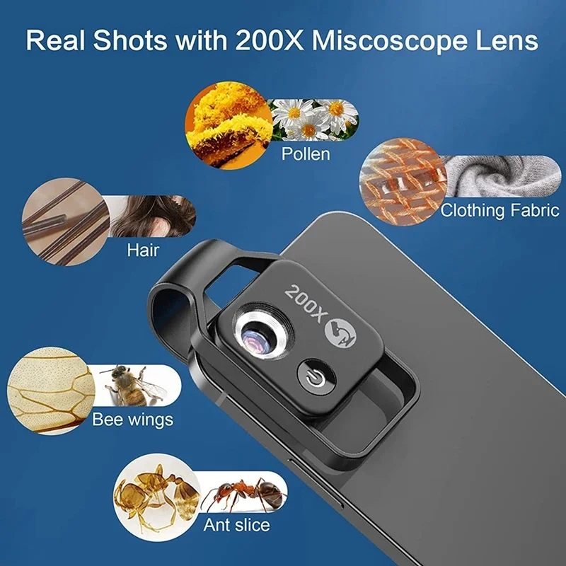 200X Phone Microscope With CPL Lens/LED Light/Clip for Hair Skin Observation Jewelry Jade Appraisal Electronic Industry Testing