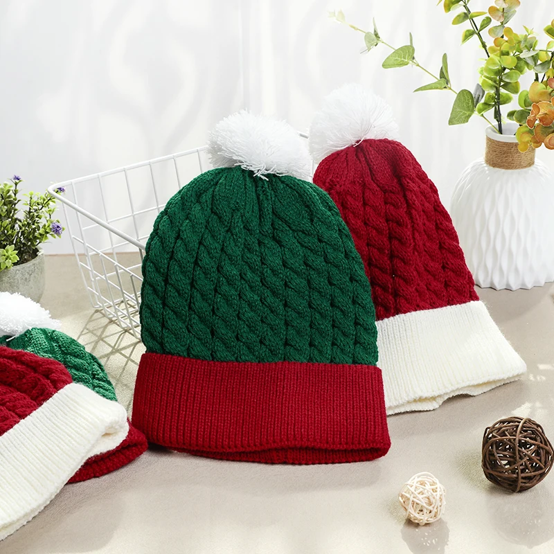 Christmas Knitted Hat Winter Warm Cute Fluffy Ball Santa Hat New Year Kids Gift Navidad Noel Beanie Decor Xmas Party Decor