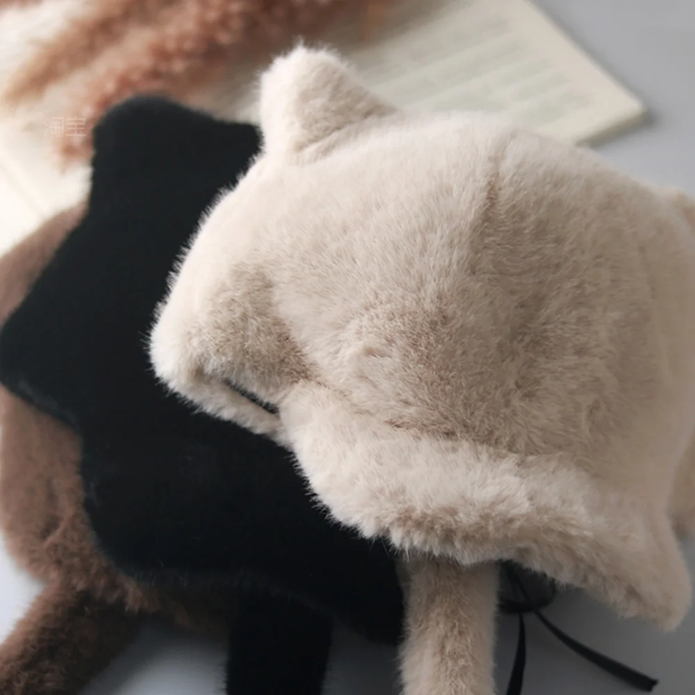 Faux Mink Fur Hats For Women Cute Cat With Tail Baseball Caps Winter Ear Protection Windproof Hat Plush Warm Women's Hats