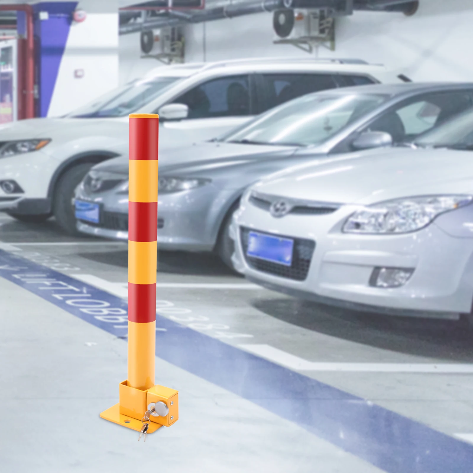 Heavy Duty Safety Bollard, Q195 Iron, Reflective Parking Post with Automatic Locking for Private Spaces