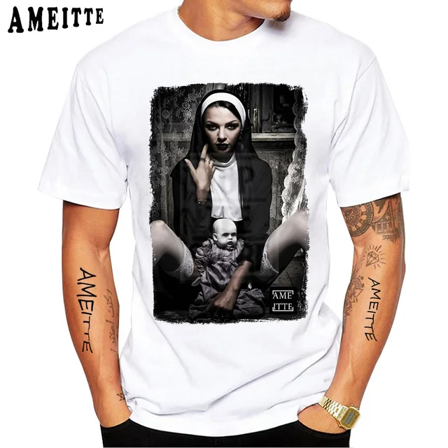 New Summer Men Short Sleeve Bad Nun Smoking Drink Whiskey Classic T-Shirt  Vintage Hip Hop Boy Casual Tops Sexy Girl White Tees