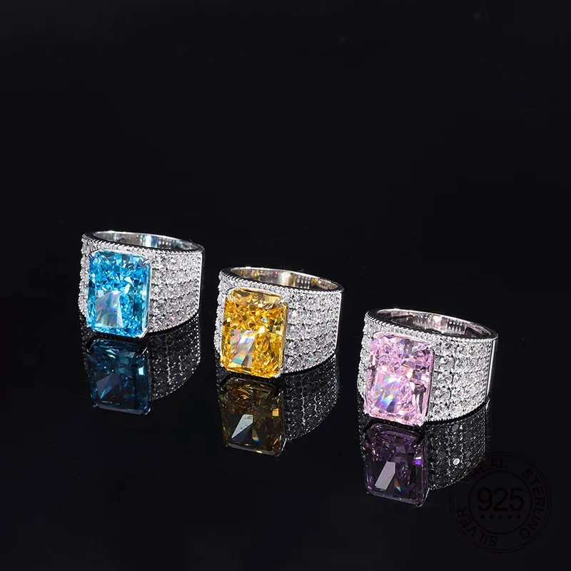 

Pink Yellow Blue Color Crushed Ice Cut High Carbon Diamond Mirco Setting Zircon 925 Sterling Silver Zircon Big Ring