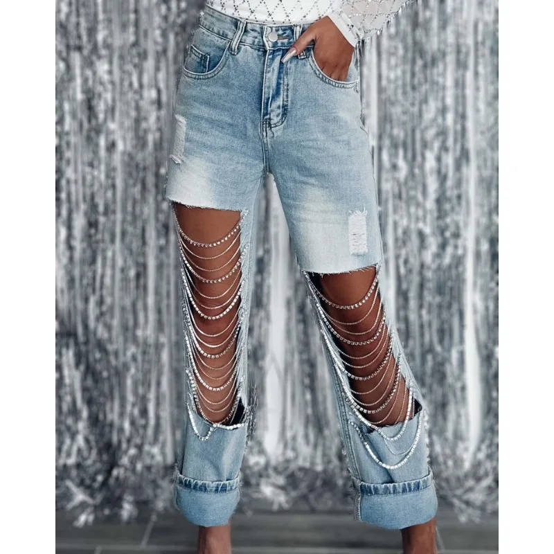 

Wepbel Y2K Ripped Jeans Women's Chain Ornaments Straight-Leg Denim Pants Summer Hole Washed High Waist Denim Trousers Jeans