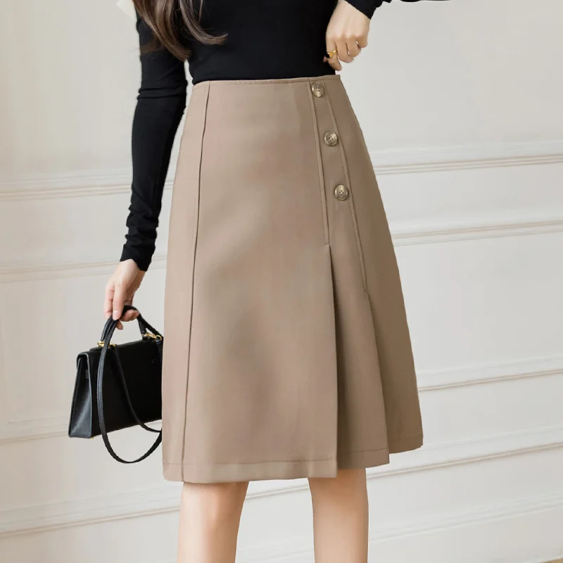 

Elegant Pleated Irregular Skirts Midi New Solid High Waist Buttons Design Office Lady A-Line Skirts Female Party Club Skirt P279