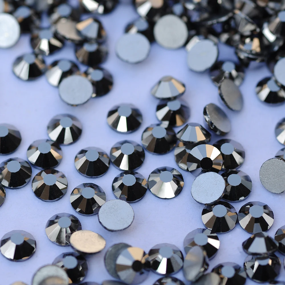 PUBRILEX Jet Black Hämatit 3D Nail Art SS3-SS30 Glaskristalle ohne Hotfix-Besatz, Strass mit flacher Rückseite für Nägel, Taschen, Kleidung