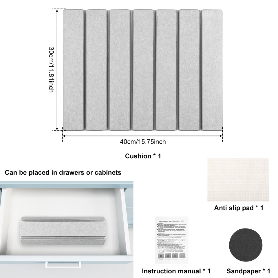 Diatomite Dish Drying Mat - 40x30cm (15.7x11.8") Stone Drying Mat For Kitchen Sink, Quick Dry, Non-Slip, Stainless Steel Base