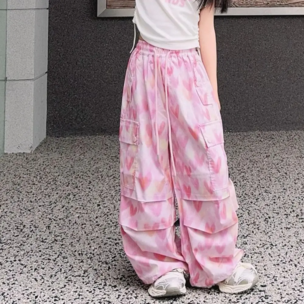 Multi Pockets Baggy Cargo Pants Drawstring Trousers Y2k Wide Leg Pants Joggers High Waist Heart Printing Pants Girl Students