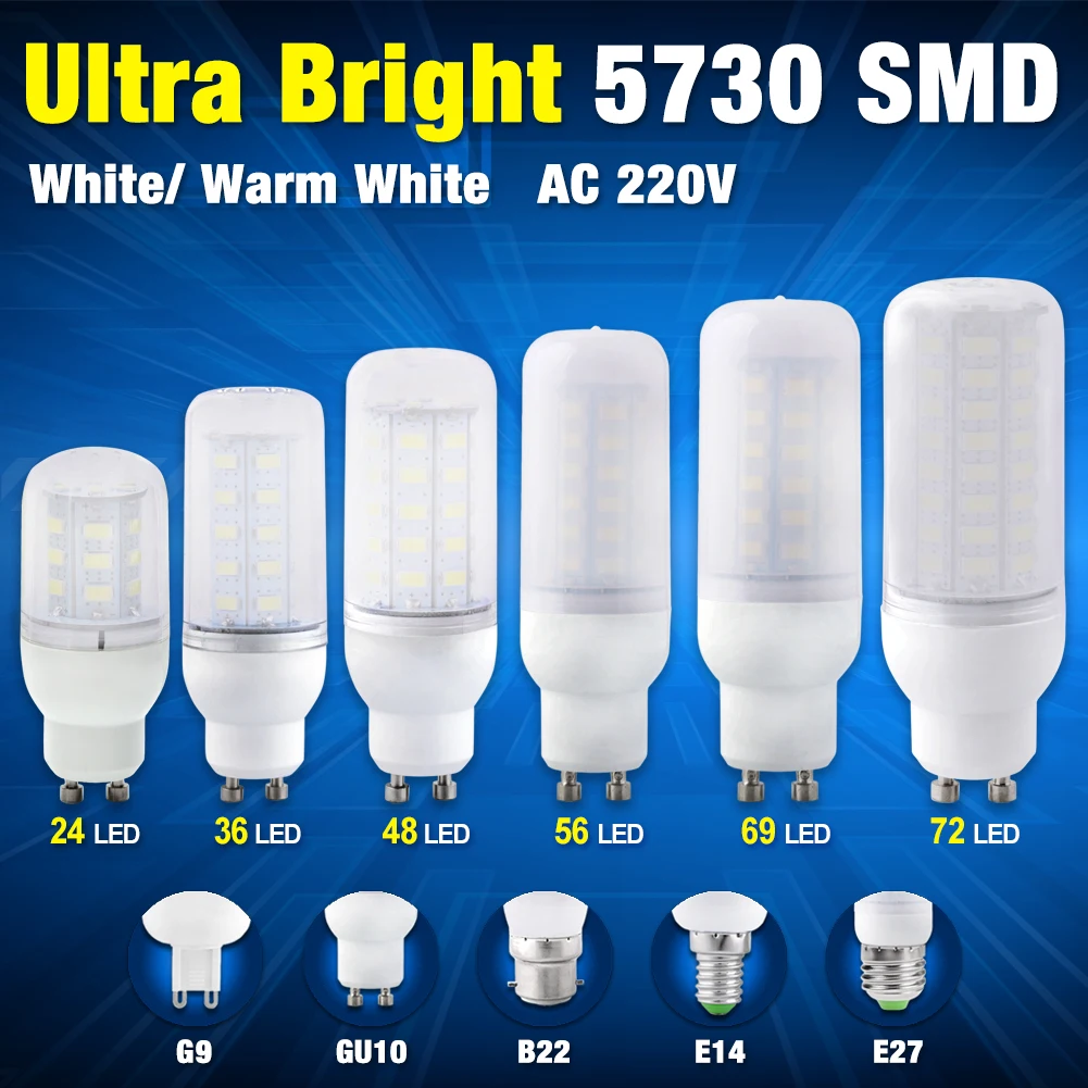 밝은 5730 SMD 밀키 LED 옥수수 전구 램프, 따뜻한 차가운 흰색, E14, E27, B22, G9, GU10, 7W, 9W, 12W, 15W, 20W, 25W, 220V, 신제품
