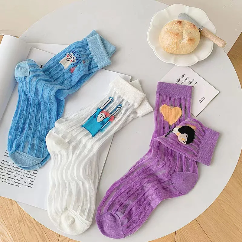 

3 Pairs Of Spring And Summer Thin Socks Female Fashion Korean Illustration Portrait Personality Breathable Retro Casual