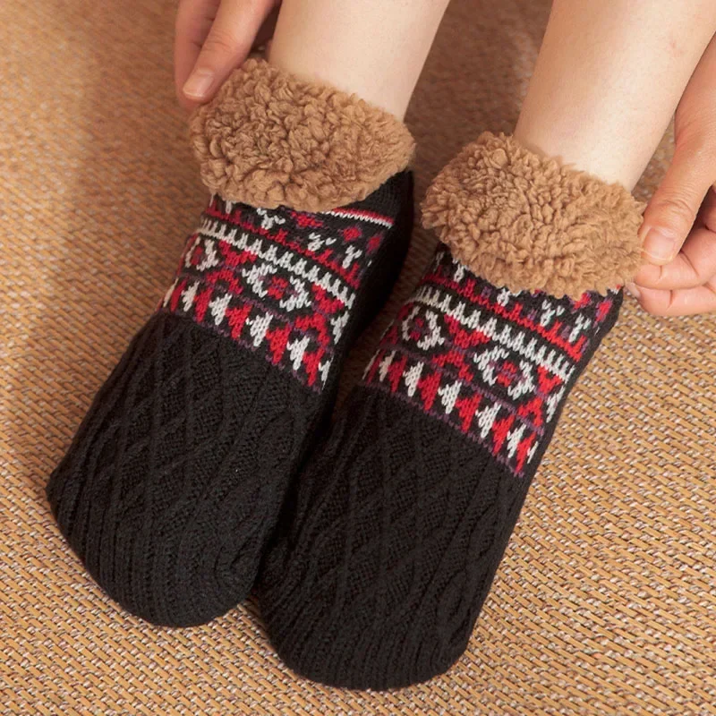 Men's Winter Indoor Home Slippers Socks Women’s Floor Socks Knitted Adult Plus Fleece Carpet Sock Bedroom Sleeping Sock Non-slip