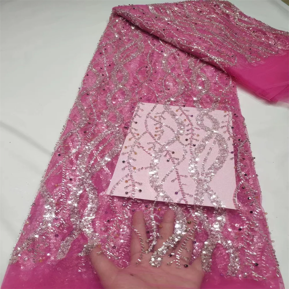 

Африканская сетчатая кружевная ткань 2024 высококачественное французское искусственное нигерийское кружево с бисером и блестками 5 ярдов для вечерних платьев