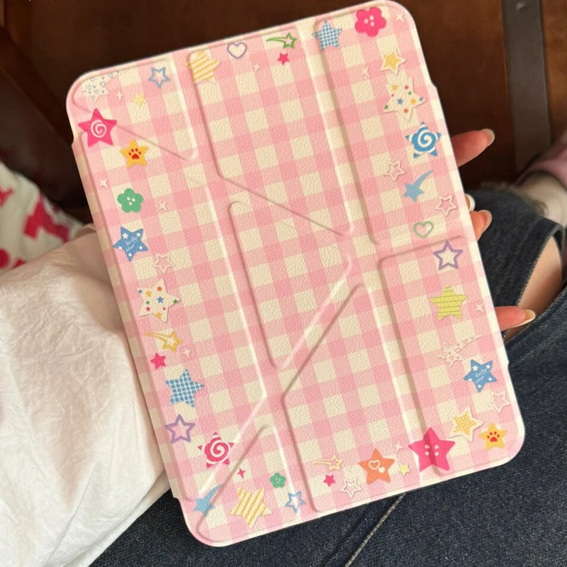 Pink & White Grid Pattern with Colorful Stars Tablet Case Cover