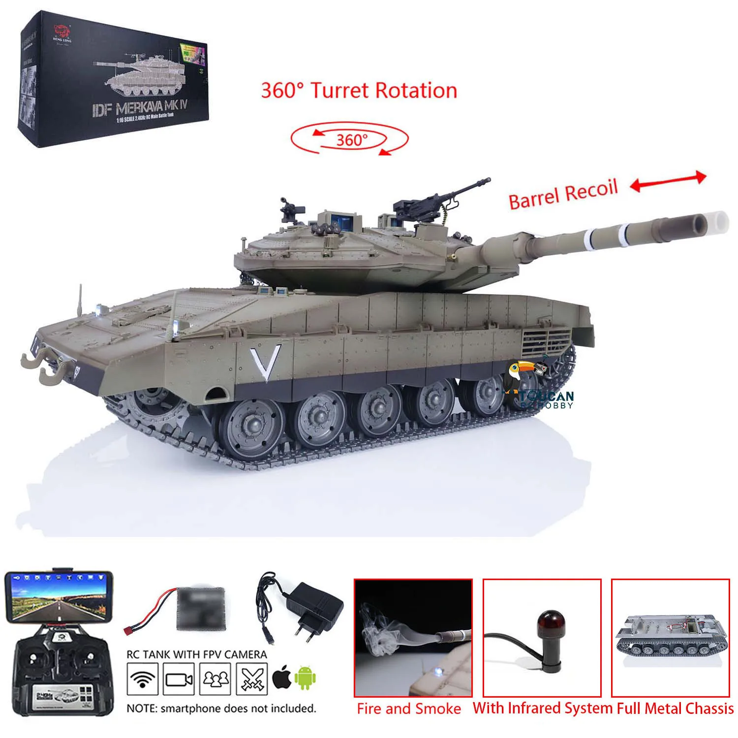 Toys 1/16 RC Battle Tank Heng Long IDF Merkava MK IV 3958 Full Metal Chassis FPV Remoted Panzer Cars TH22668 3