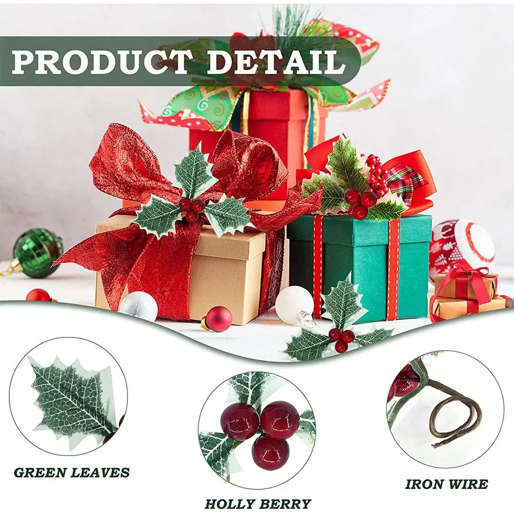 

10/20Pcs Artificial Holly Berries Green Leaves Gold Red Berries DIY Christmas Wreath Decor For Home Xmas Tree New Year Gift M2L6