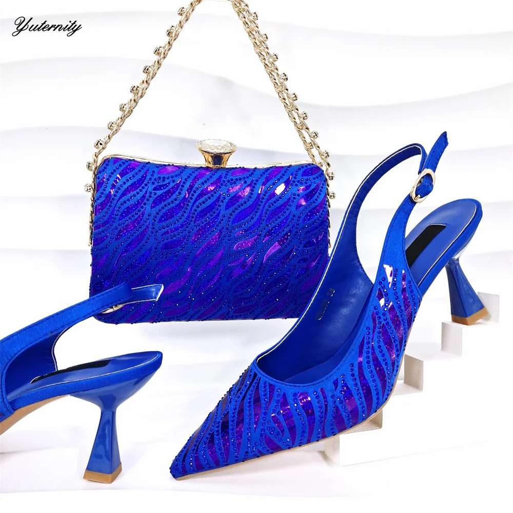 

New Summer Rhinestone Sandal Shoes With Bag Set For Wedding Nigerian Style Women Thin High Heels Shoes And Bag Set Size 38-43