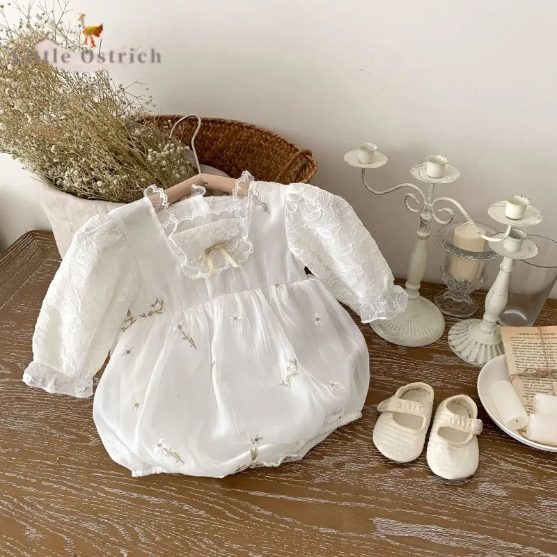 

Newborn Baby Girl Cotton Embroidery Romper Lace Long Sleeve Bowknot Flower Jumpsuit Toddler Child Pullover Baby Clothes 3M-2Y