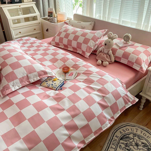 Checkerboard Pink Bedding Set Hot Single Queen Size Flat Sheet Quilt