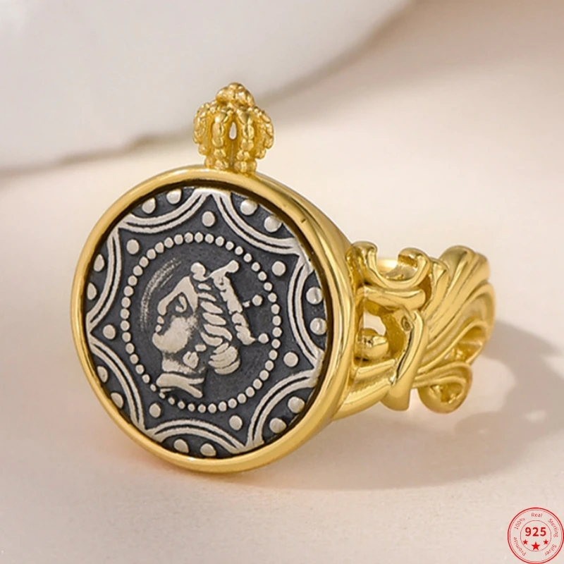 

S925 Sterling Silver Rings for Women Men New Fashion Embossed Queen's Head Sculpture Gold-plated Punk Jewelry Free Shipping