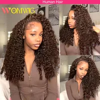 Perruque mi-tête bouclée birmane brun chocolat en cheveux humains, sans colle, 3-en-1, avec cordon de serrage et clips, perruques mi-tête à retourner 1
