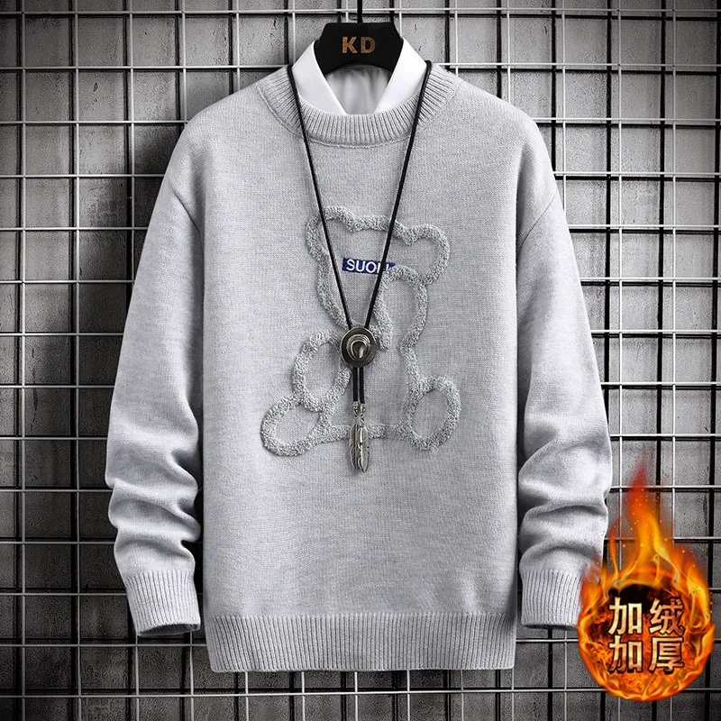 Mens Winter Thicken Fleece Warm Sweater Mens Fashion Casual Round Neck Bear Print Knitted Pullover Street Outdoor Sweatshirt 4XL 3