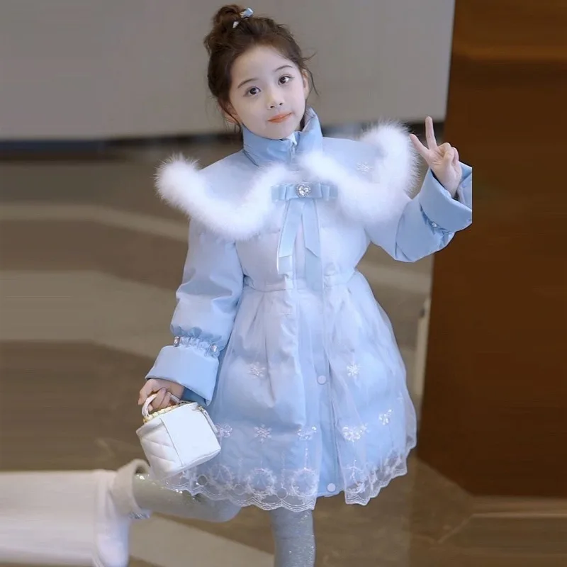 【شتاء ) معطف سميك مبطن بالقطن للفتيات العصري جاكيت شتوي دافئ للأطفال أنيق على طراز الأميرة فستان شتوي متوسط الطول