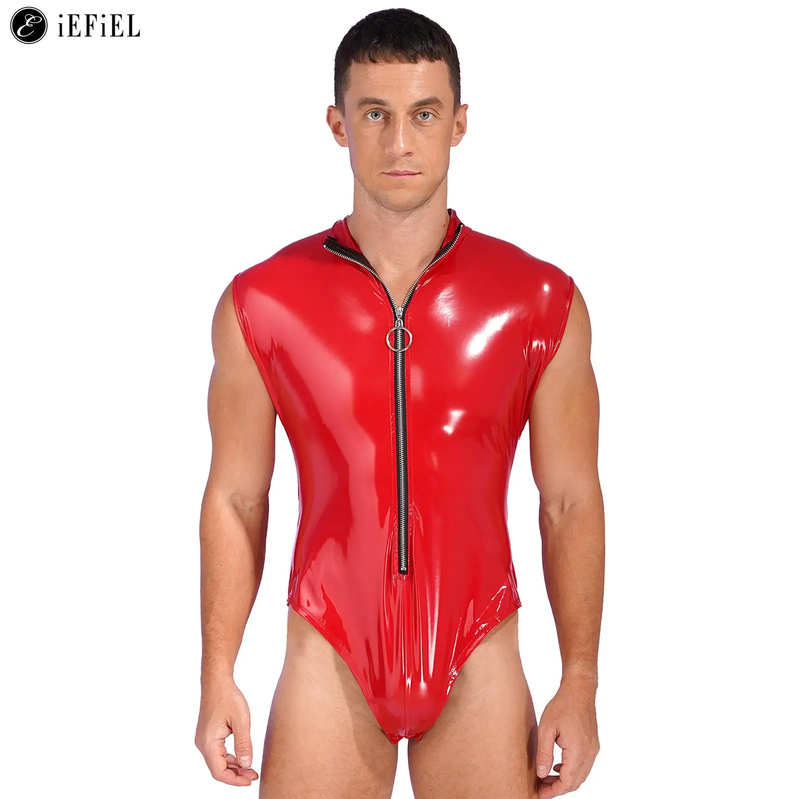 

Men Sleeveless Front Zipper Bodysuit Jumpsuit Glossy High Cut Leotard Wet Look Patent Leather Catsuit Party Dance Clubwear