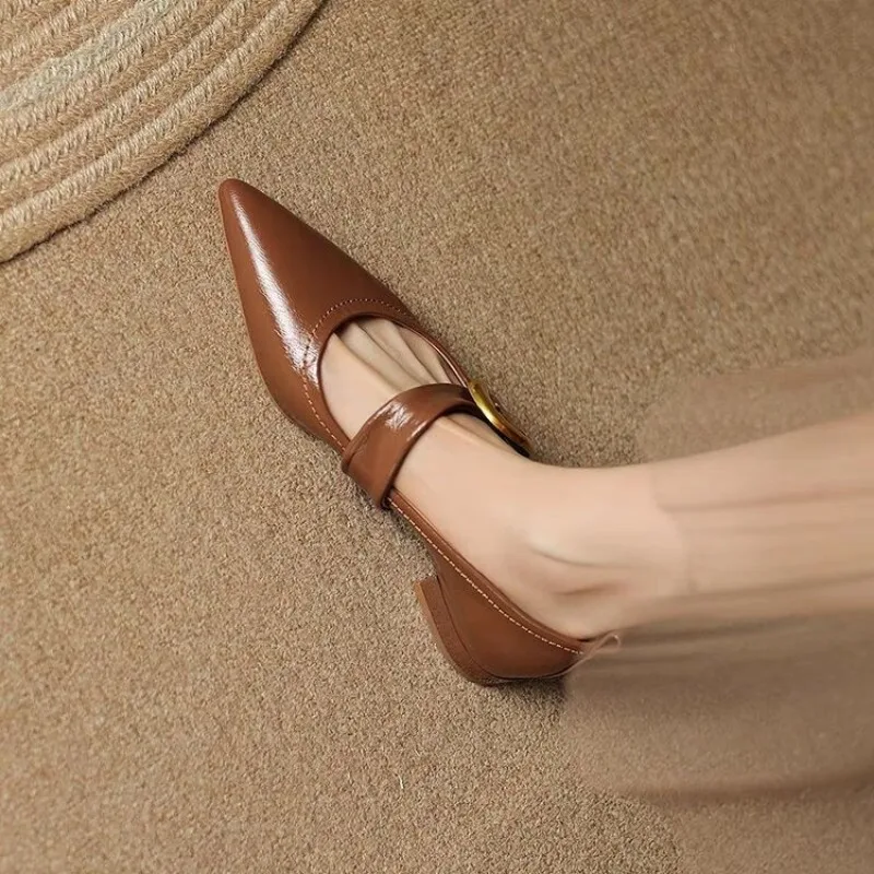 2024 New Flat Bottom Temperament Women's Single Shoes Autumn Pointed French One Button Mary Jane Soft Sole Shoes for Women 35-40 4