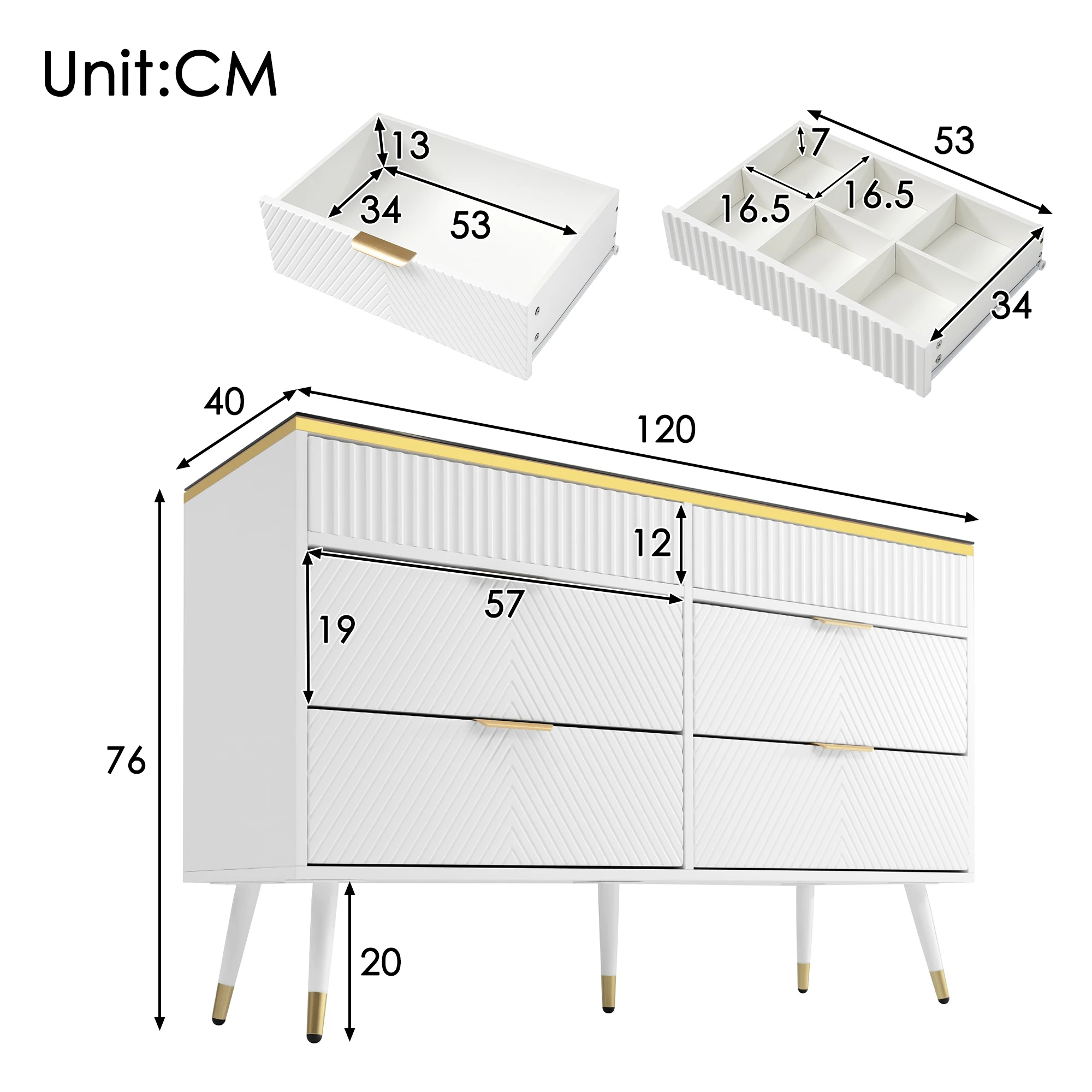 Weiß + Glas + Spanplatten-Sideboard mit 6 Schubladen für das Wohnzimmer, Fachteilung, großer Stauraum, 120 x 40 x 76 cm – Detail 1