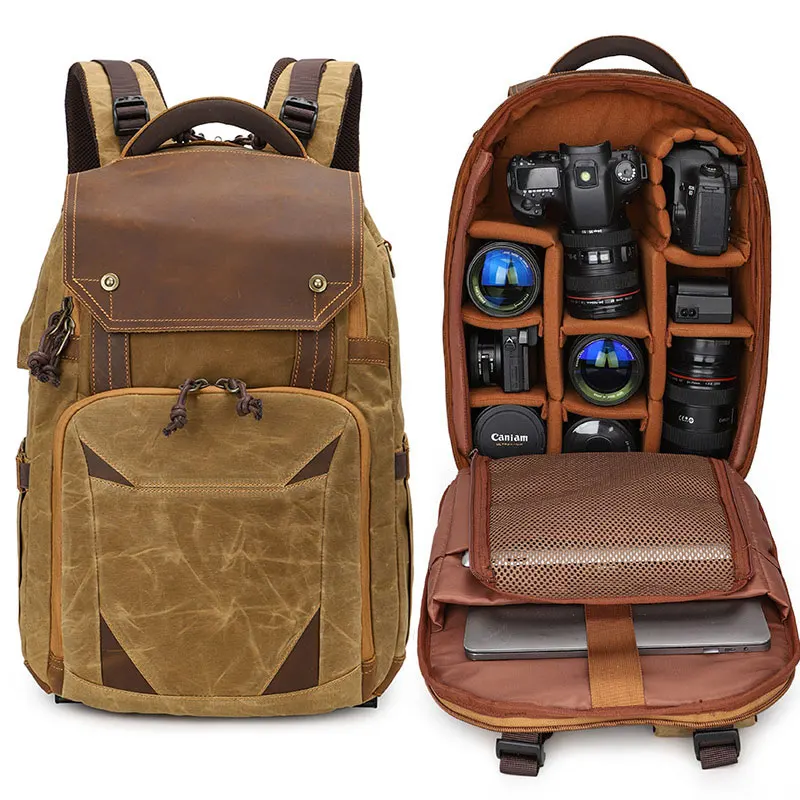 

Vintage Waxed Canvas Camera Bags Dslr Backpack Waterproof Shockproof Breathable Photography Bag for Nikon Canon Sony Laptop Bag