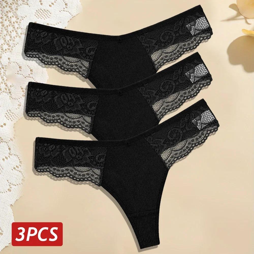 3 יח'\סט נשים תחרה סקסית תחתוני כותנה תחרה v המותניים חלול את g-מחרוזת thongs נשים תחתונים מפחידים הלבשה תחתונה