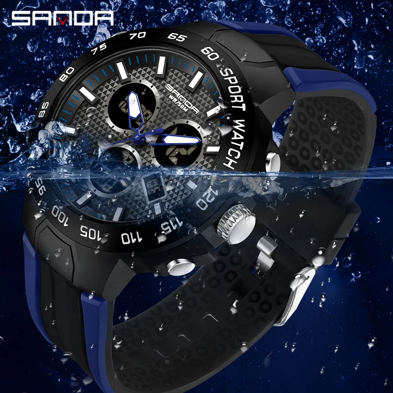 SANDA Brand Men Sports Watches Dual Display Analog Digital LED Electronic Quartz Wristwatches Waterproof Swimming Military Watch