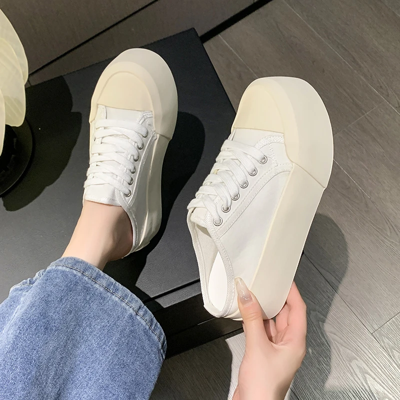 

Women's Canvas Sneakers Half Slippers Women's Casual Shoes New Platform Sneakers Flat Lace Up Zapatos Mujer Chaussure Femme