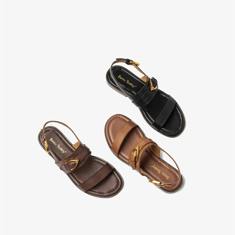 Women Slingback Sandals Flat Sandals Genuine Leather Metal Buckle Slingback Summer Shoes