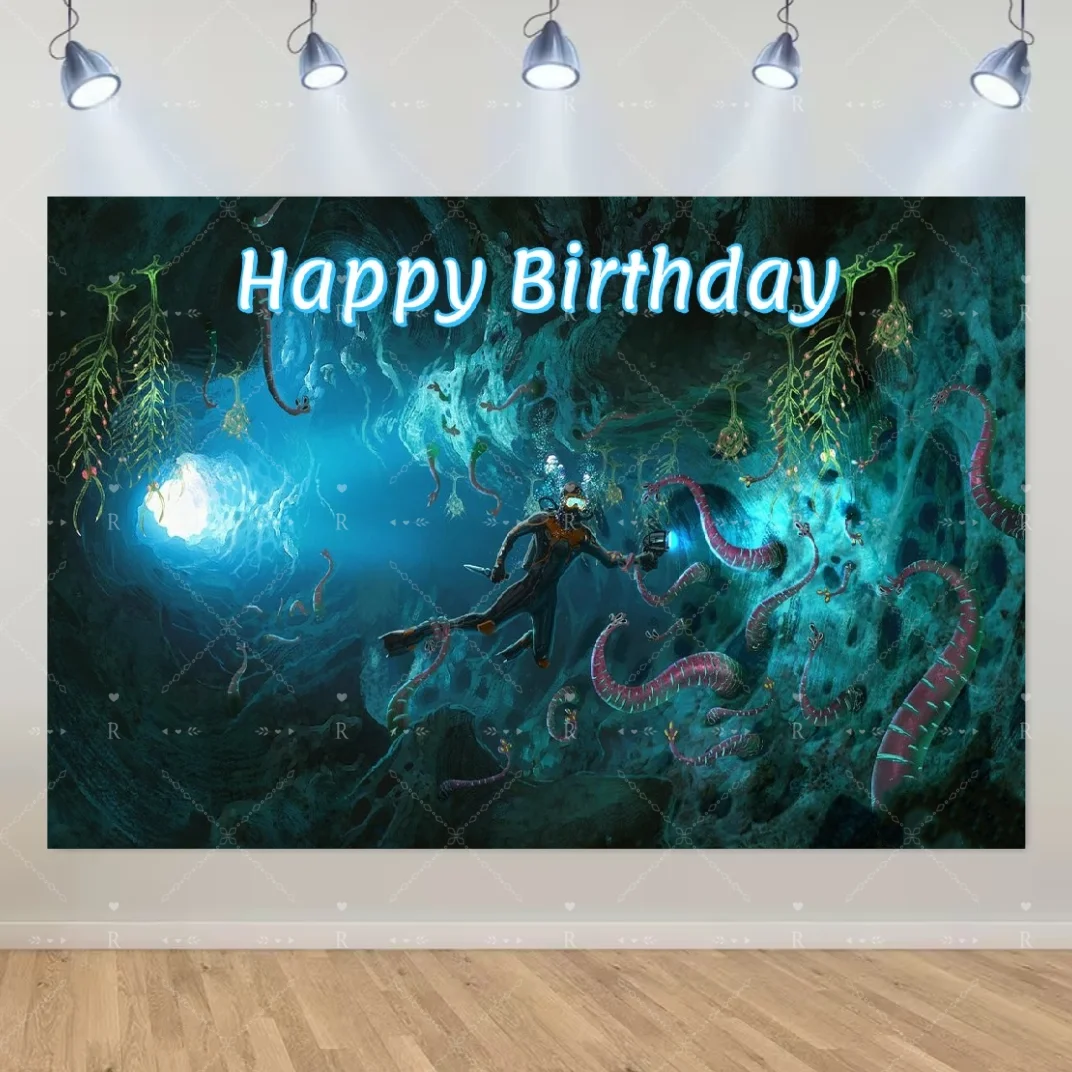 S-Subnautica Themen-Geburtstagsparty-Dekorationen: Wunderschöner Unterwasserwelt-Meeremonster-Kuchenaufsatz, Ballonbanner, Fotohintergrund – Detail 10