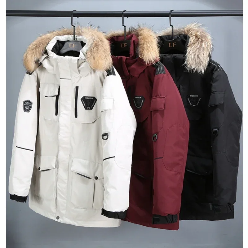 Winter Down Jacket Men's Luxury Thick Large Fur Collar Hooded Warm White Duck Down Coat Women's Snow clothes Pocket Cargo Parka